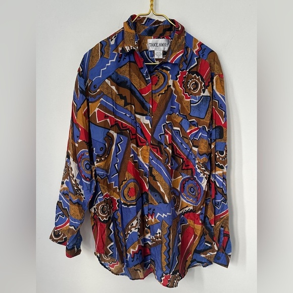 take away Tops - Vintage Take Away Bold Art Deco 100% Silk Button Front Blouse Women’s Medium